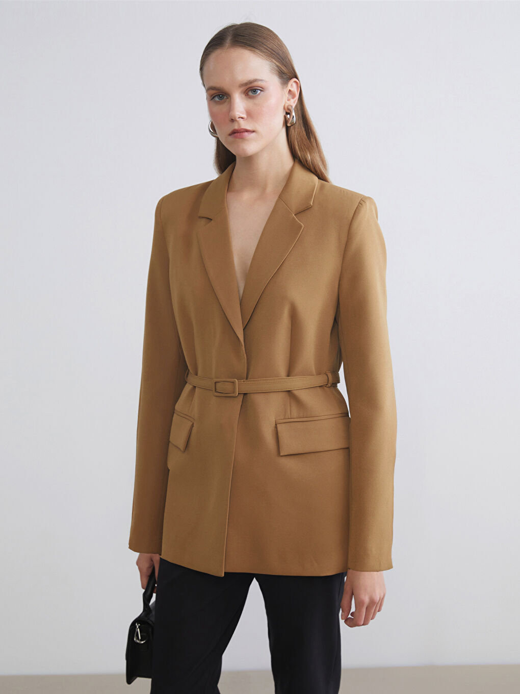 Sarı Beli Kemerli Kadın Blazer Ceket