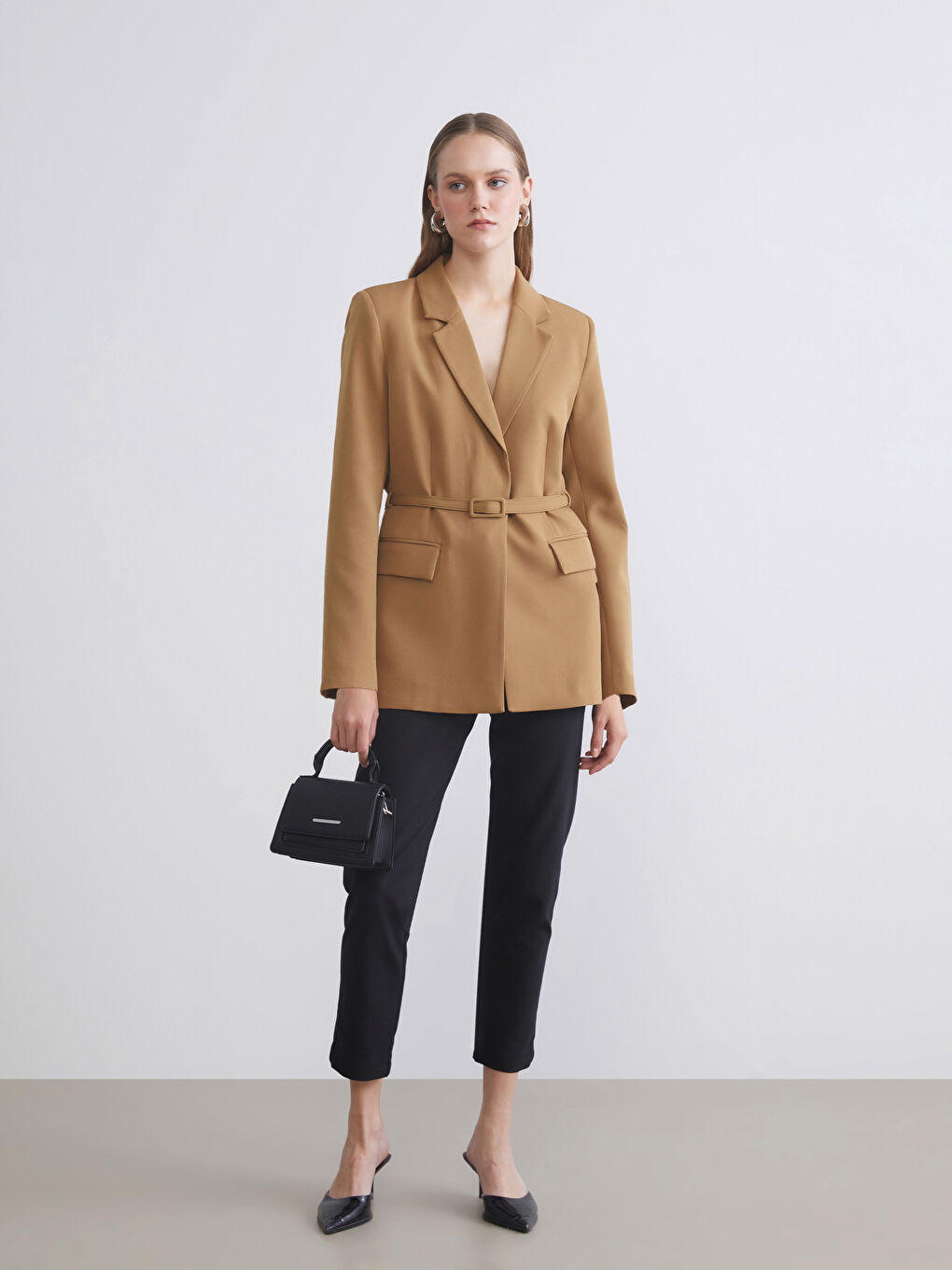 Sarı Beli Kemerli Kadın Blazer Ceket-2