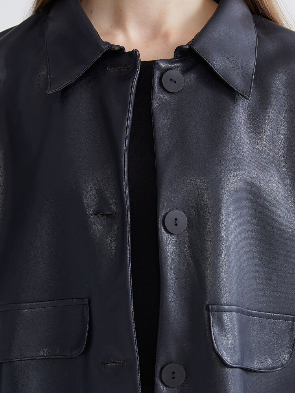 Lacivert Gömlek Yaka Kadın Deri Görünümlü Ceket-2