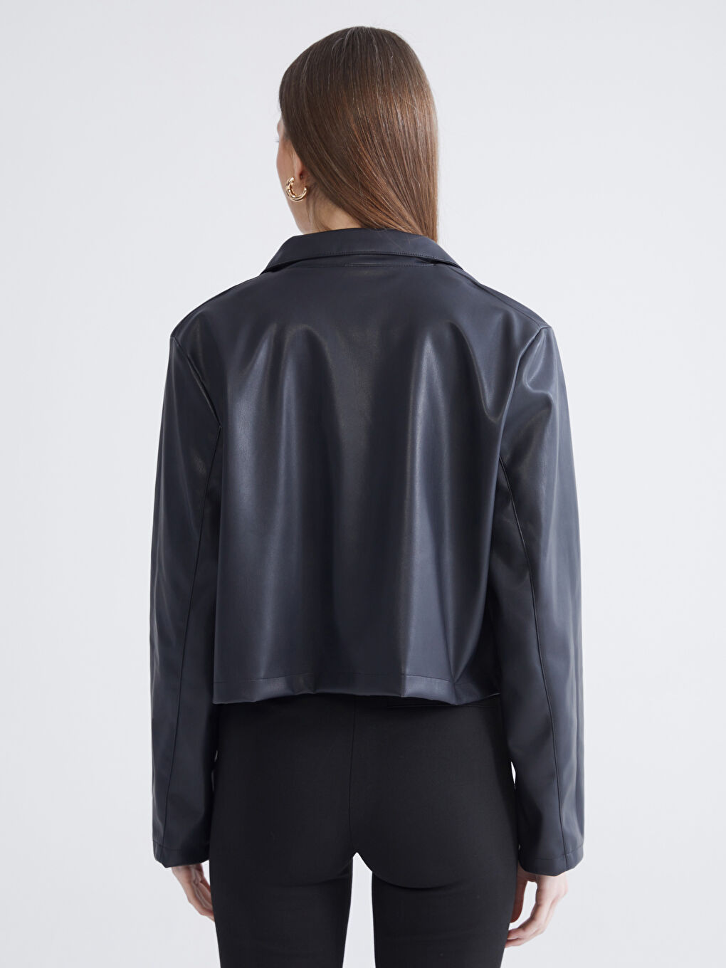 Lacivert Gömlek Yaka Kadın Deri Görünümlü Ceket-4