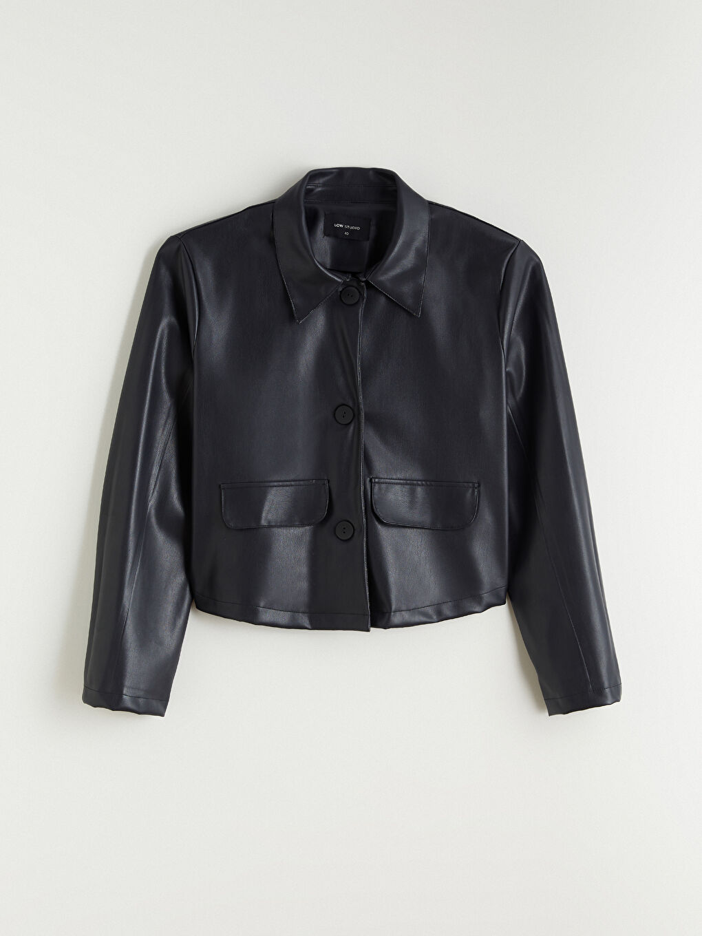 Lacivert Gömlek Yaka Kadın Deri Görünümlü Ceket-6