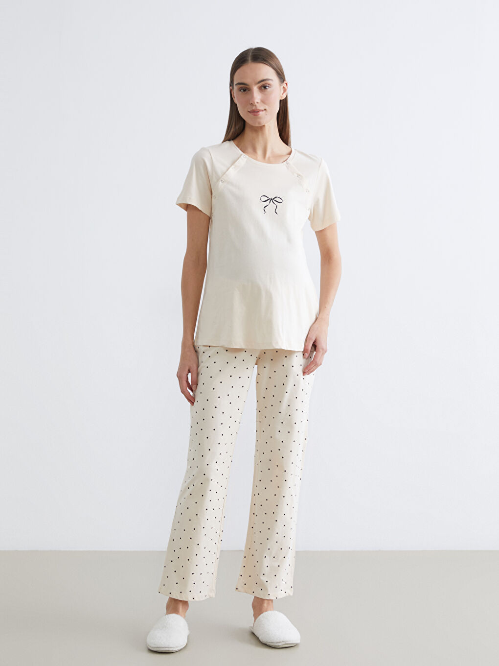 Дөңгелек жағалы принтті жүктілікке арналған пижама жинағы-1