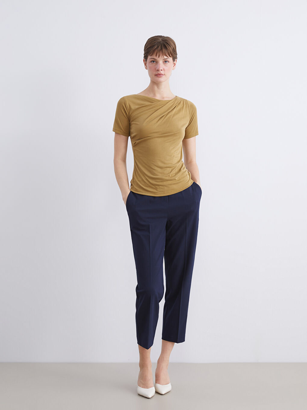 Sarı Bisiklet Yaka Büzgülü Modal Karışımlı Bluz-1