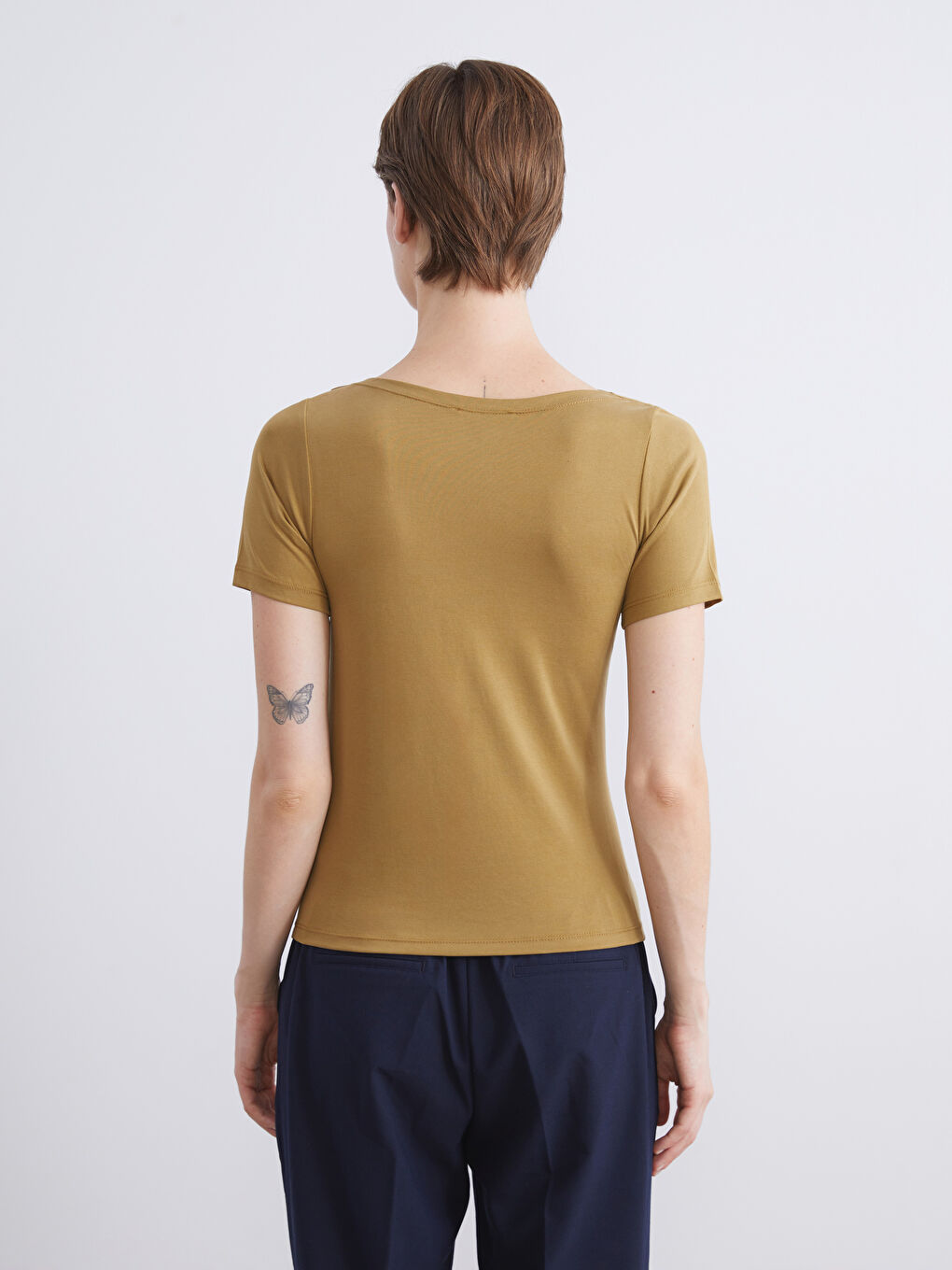 Sarı Bisiklet Yaka Büzgülü Modal Karışımlı Bluz-3