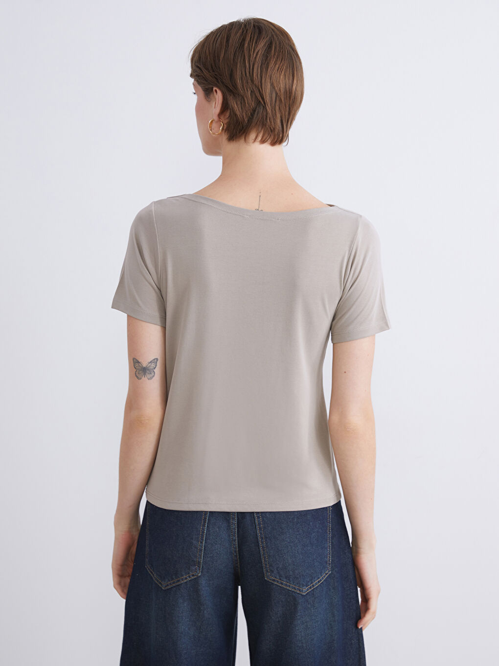 Gri Bisiklet Yaka Büzgülü Modal Karışımlı Bluz-3