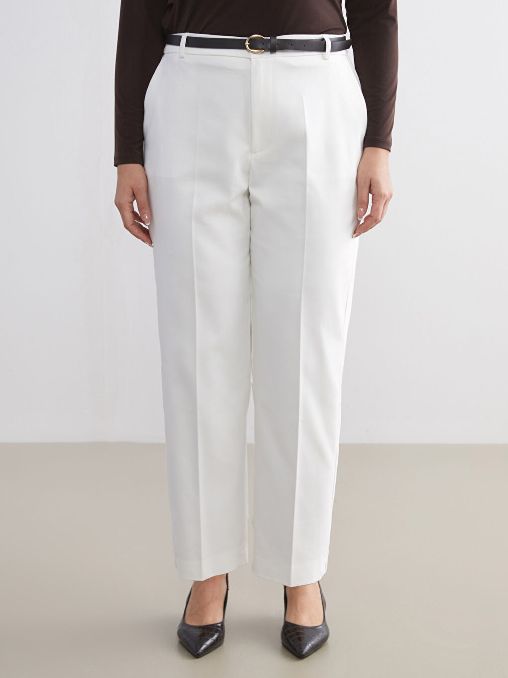 Belted High Waisted Carrot Fit Women's Trousers-5