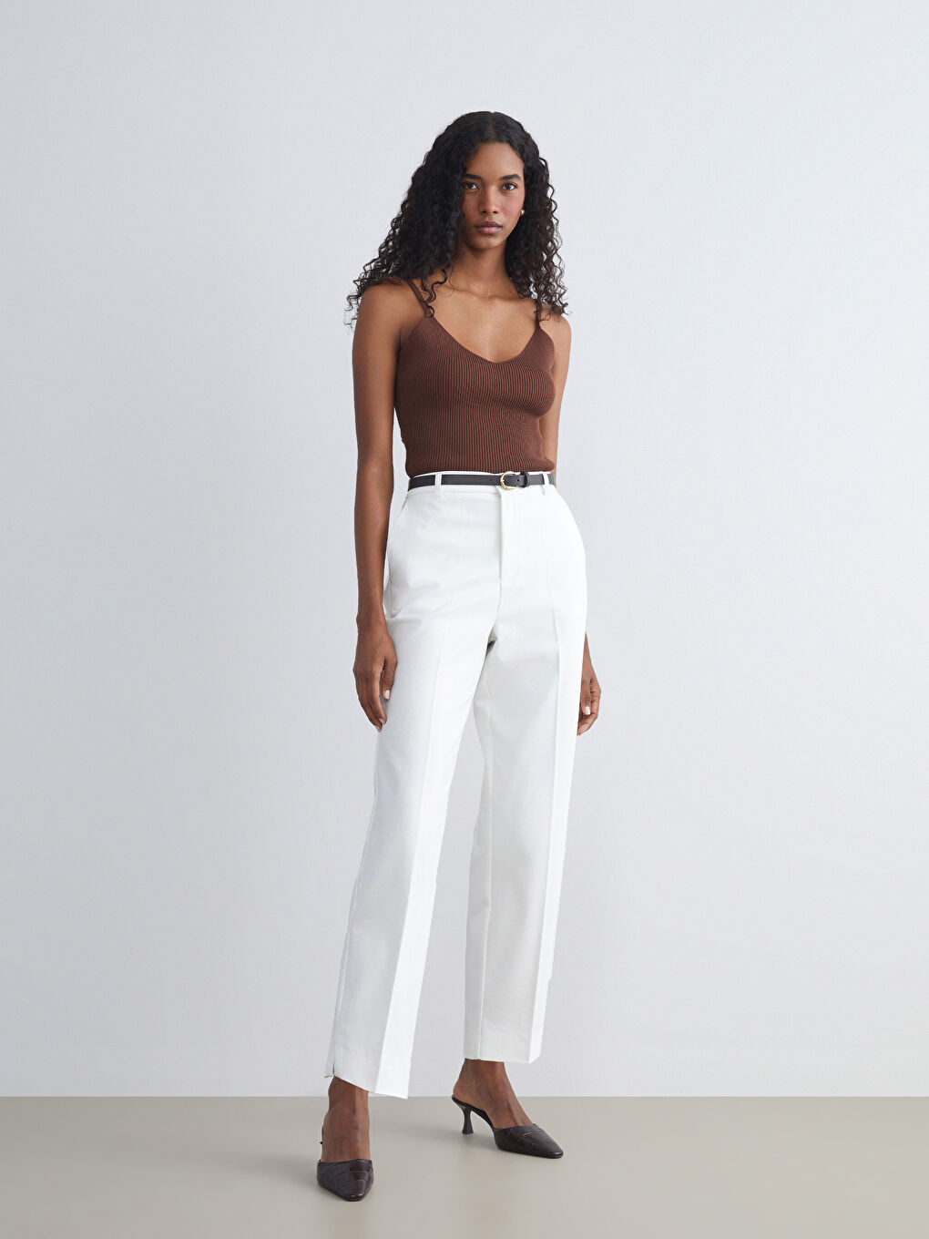 Belted High Waisted Carrot Fit Women's Trousers
