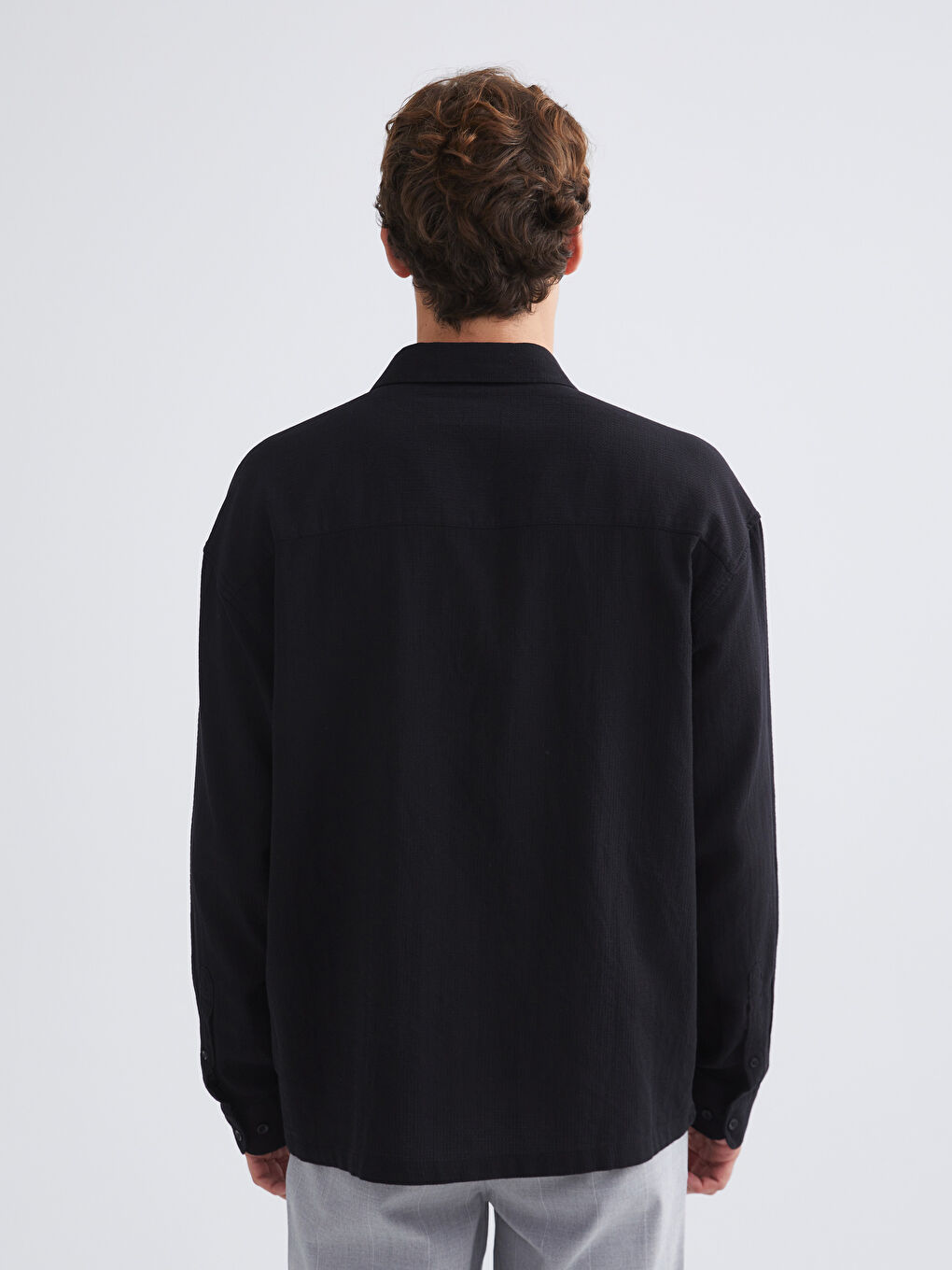 Siyah Rahat Kalıp Uzun Kollu Armürlü Erkek Gömlek-3