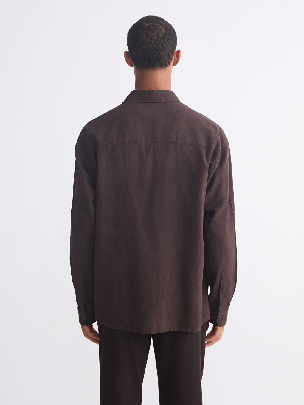 Kahverengi Rahat Kalıp Uzun Kollu Armürlü Erkek Gömlek-3