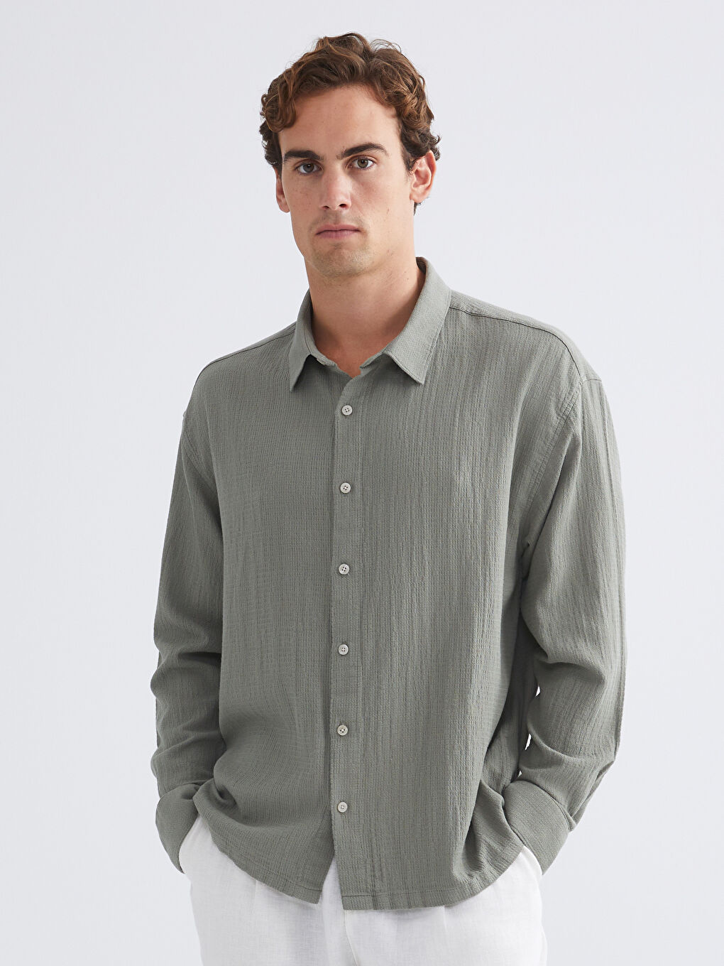 Yeşil Rahat Kalıp Uzun Kollu Armürlü Erkek Gömlek