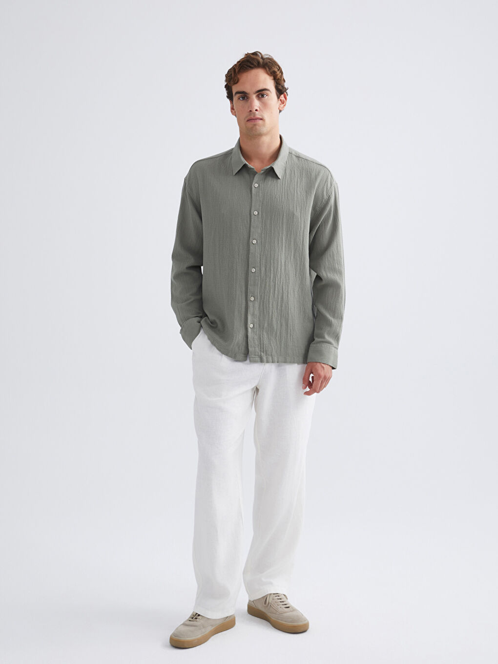 Yeşil Rahat Kalıp Uzun Kollu Armürlü Erkek Gömlek-1