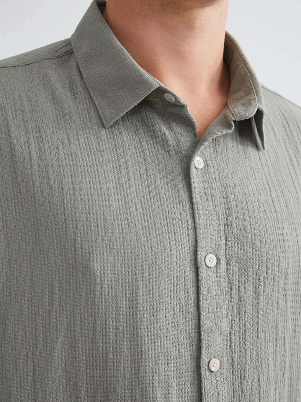 Yeşil Rahat Kalıp Uzun Kollu Armürlü Erkek Gömlek-2