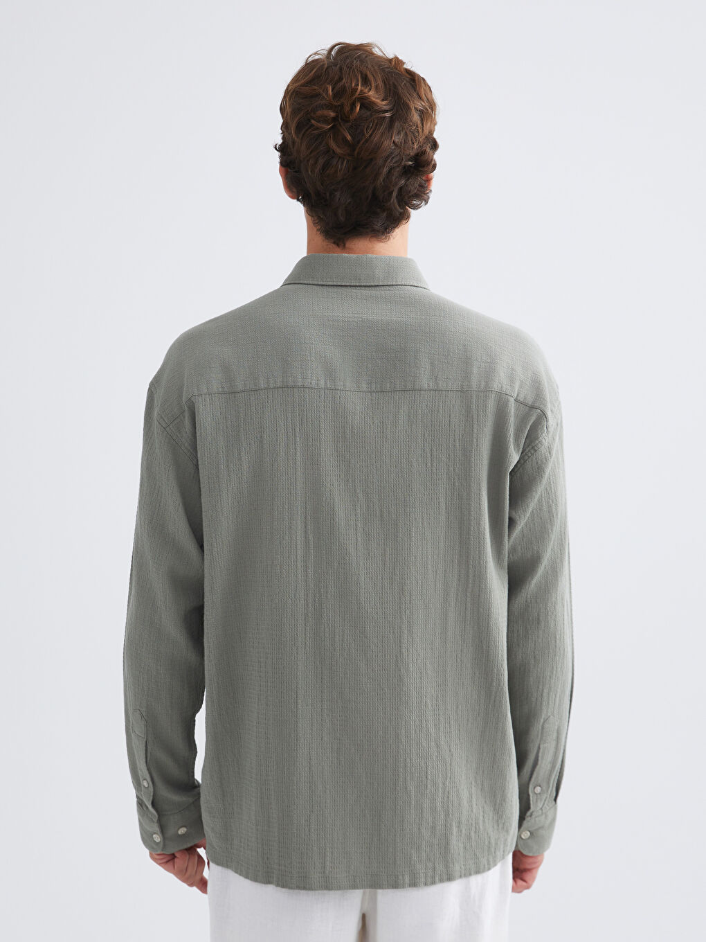Yeşil Rahat Kalıp Uzun Kollu Armürlü Erkek Gömlek-3
