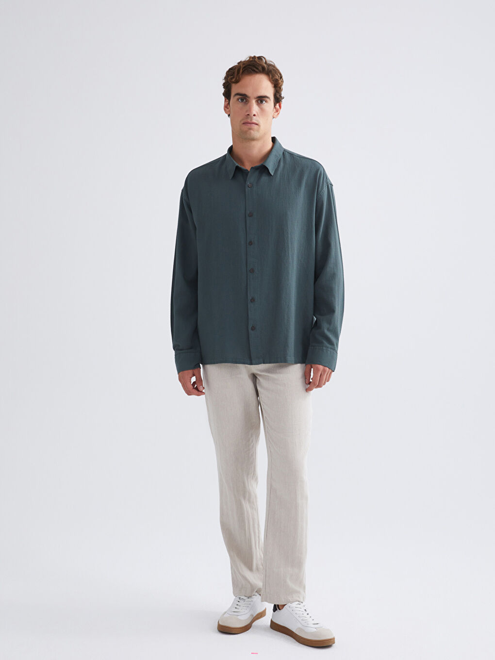 Petrol Rahat Kalıp Uzun Kollu Armürlü Erkek Gömlek-1