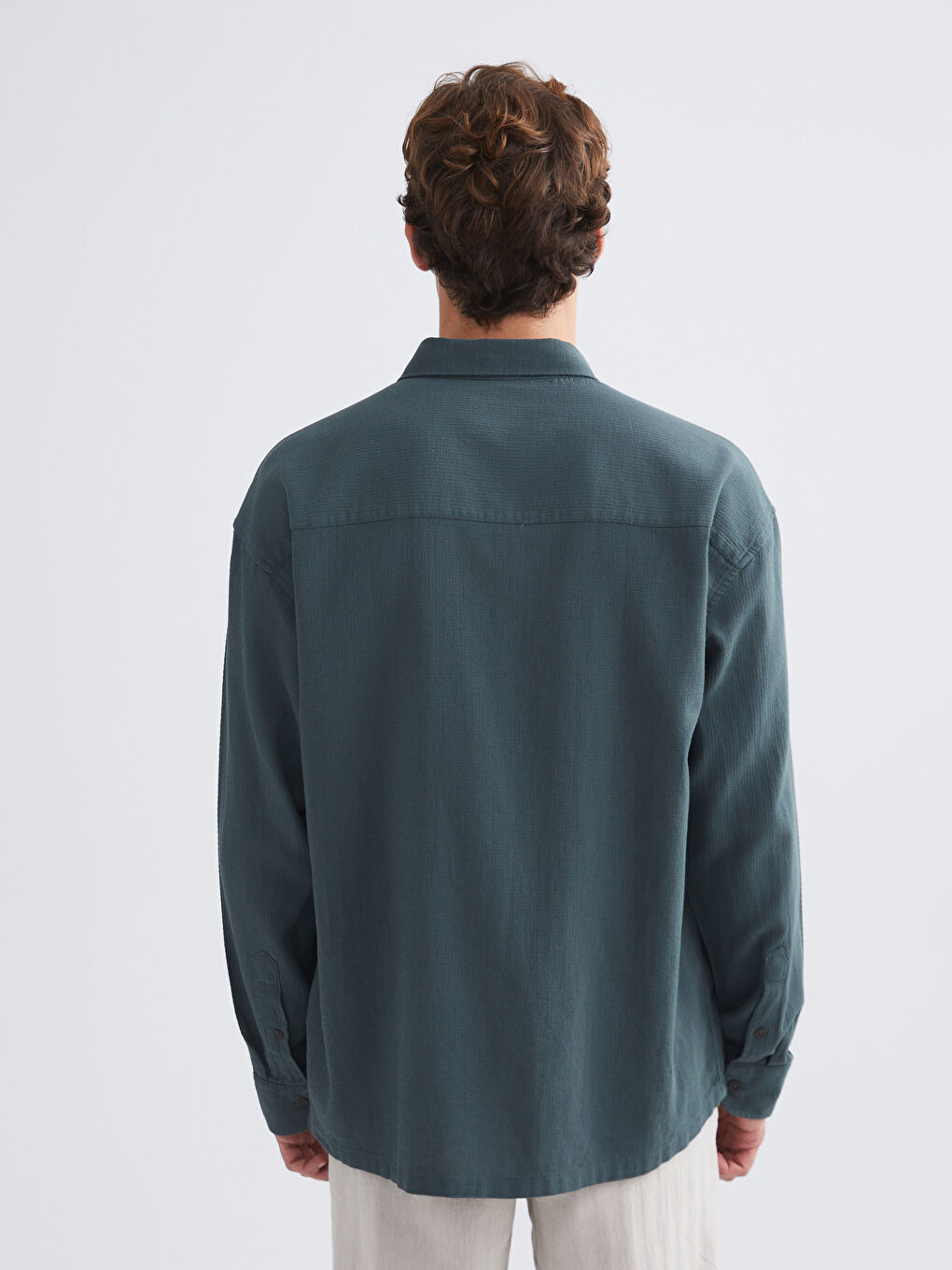 Petrol Rahat Kalıp Uzun Kollu Armürlü Erkek Gömlek-3