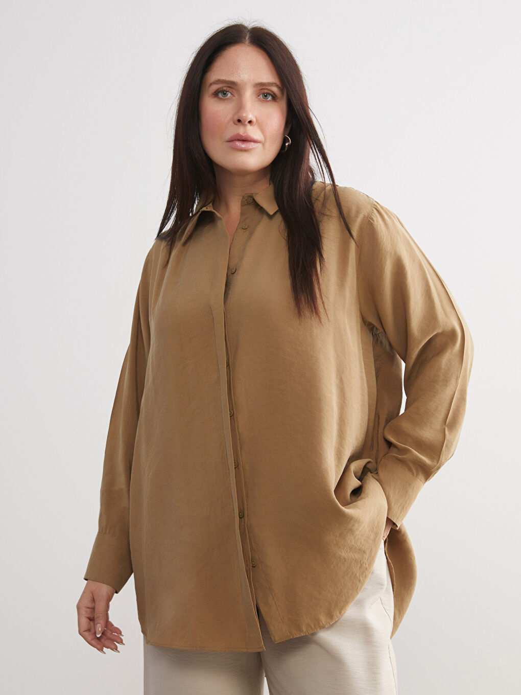 Kahverengi Yırtmaç Detaylı Kadın Gömlek Tunik-5