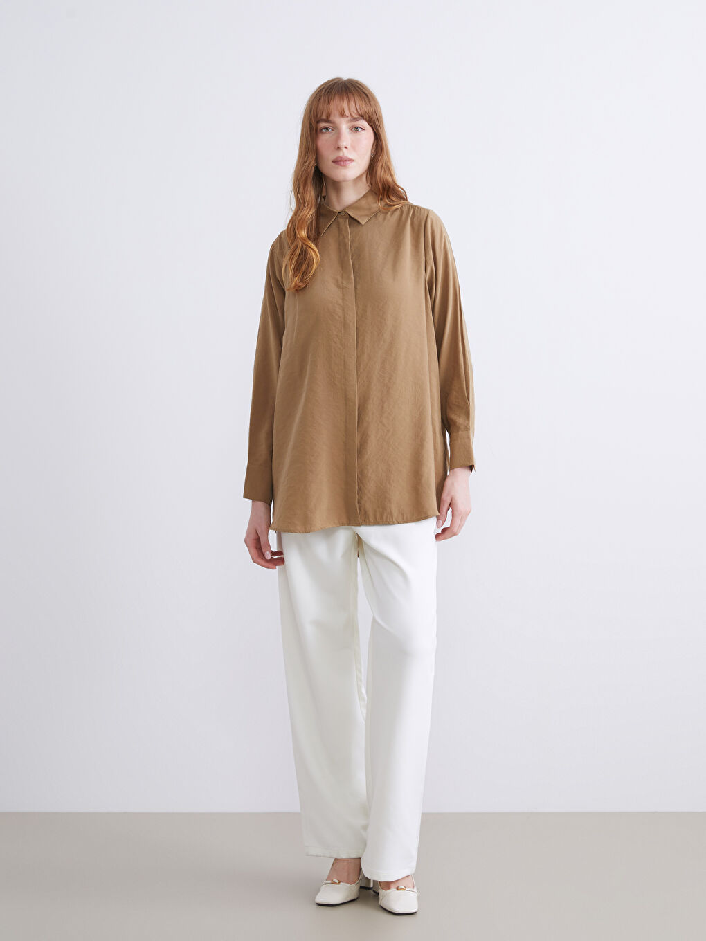 Kahverengi Yırtmaç Detaylı Kadın Gömlek Tunik-2