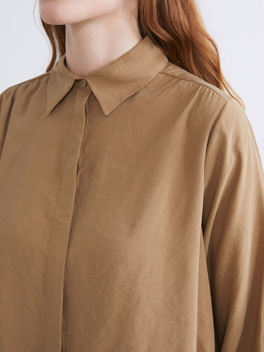 Kahverengi Yırtmaç Detaylı Kadın Gömlek Tunik-3