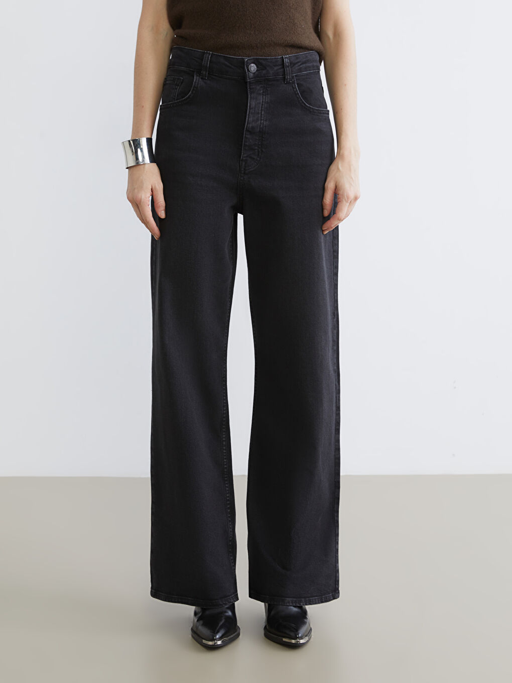 Siyah Wideleg Kadın Jean Pantolon-1