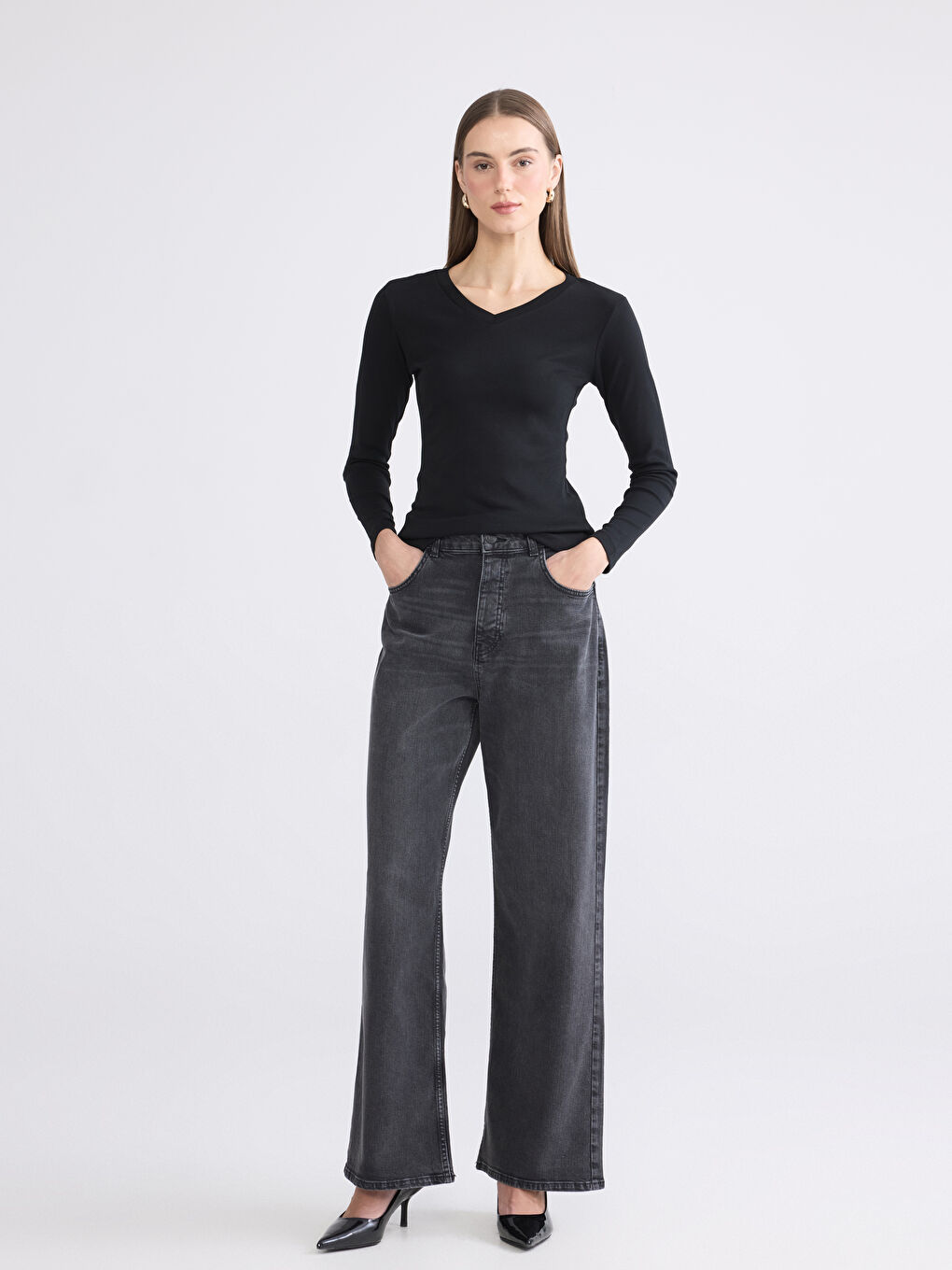 Siyah Wideleg Kadın Jean Pantolon