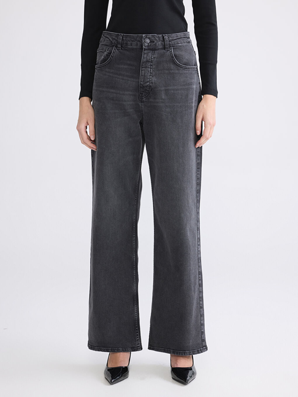 Siyah Wideleg Kadın Jean Pantolon-1