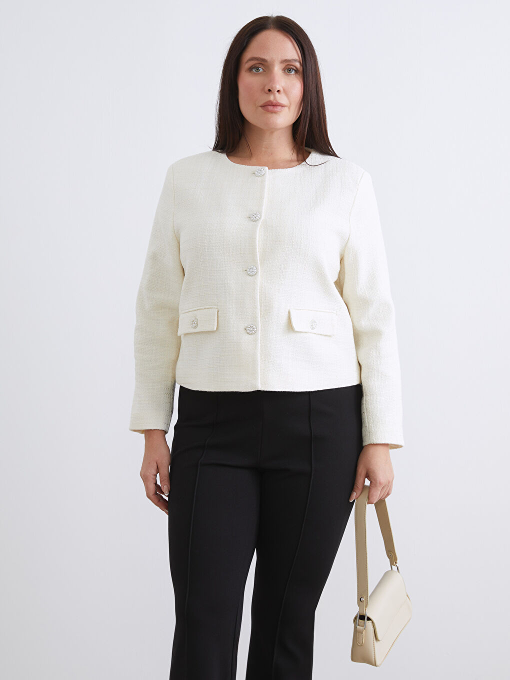 Ekru Bisiklet Yaka Kadın Ceket-2