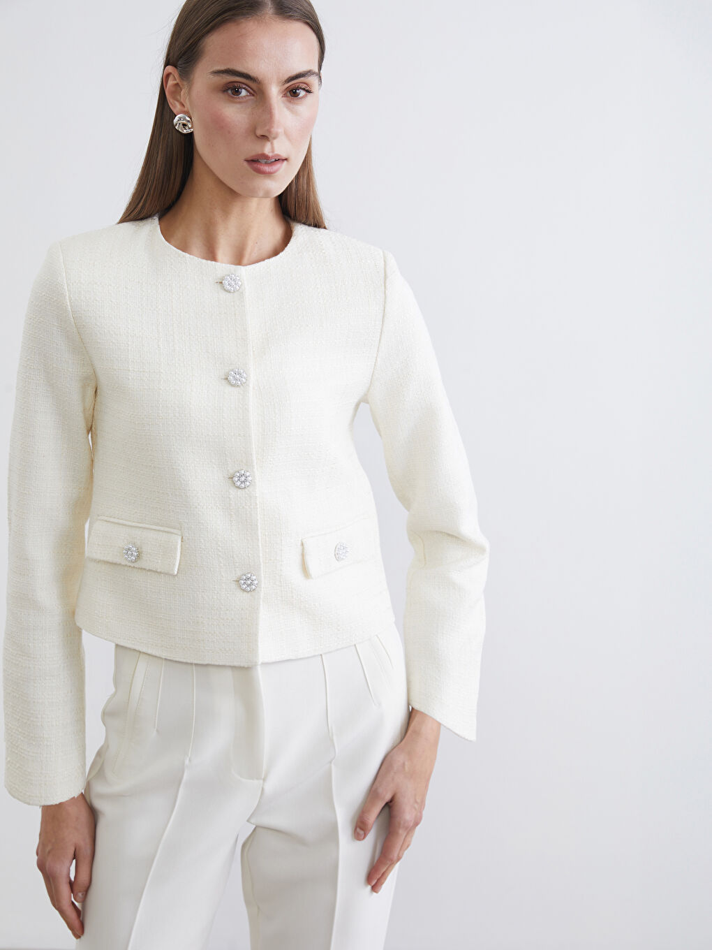 Ekru Bisiklet Yaka Kadın Ceket-1