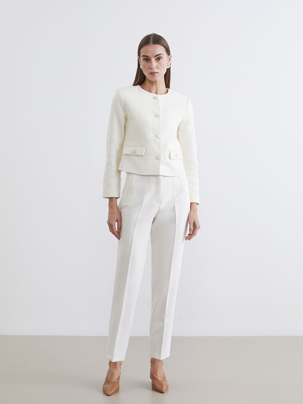 Ekru Bisiklet Yaka Kadın Ceket-3