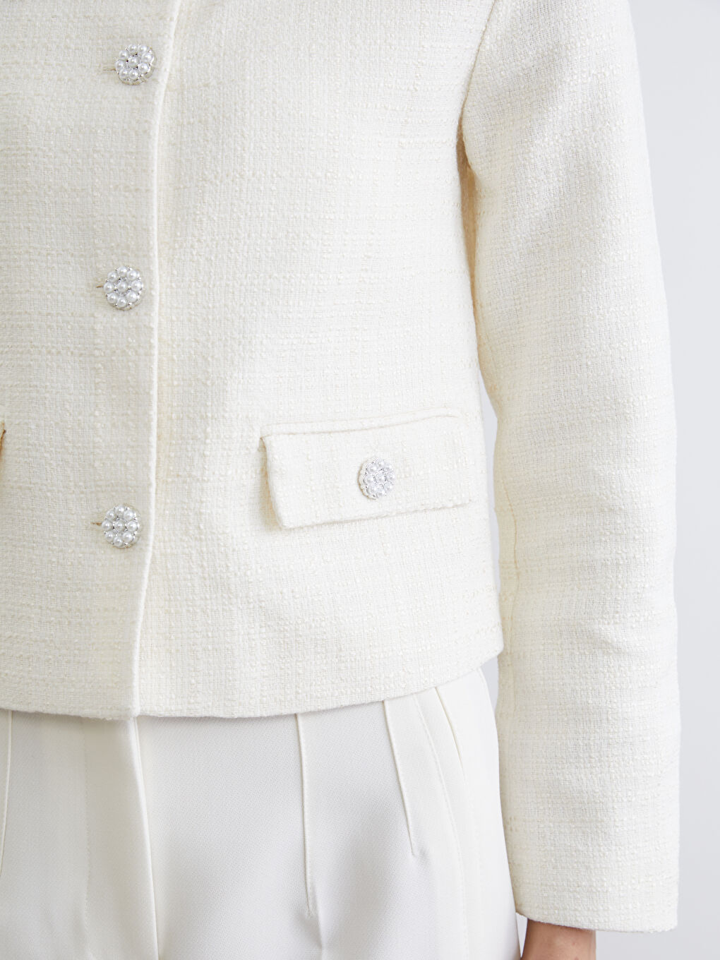 Ekru Bisiklet Yaka Kadın Ceket-5