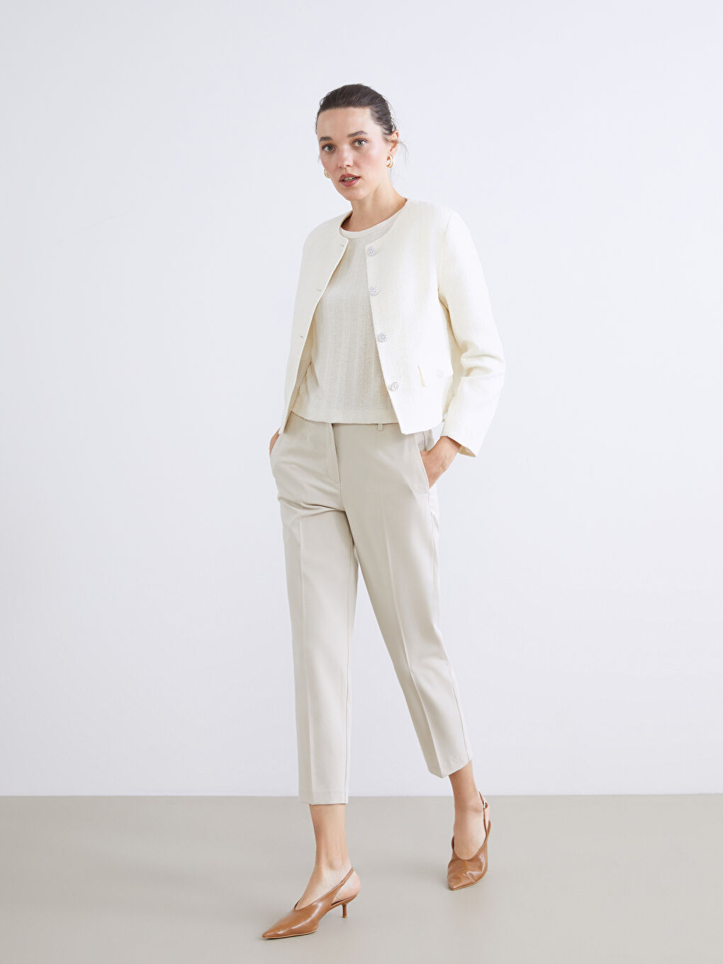 Ekru Bisiklet Yaka Kadın Ceket-4