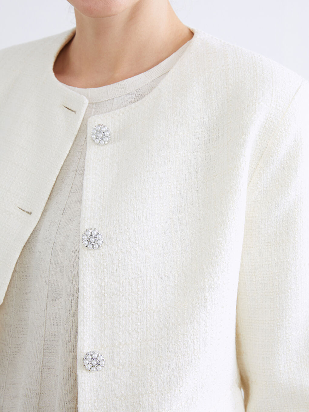 Ekru Bisiklet Yaka Kadın Ceket-6