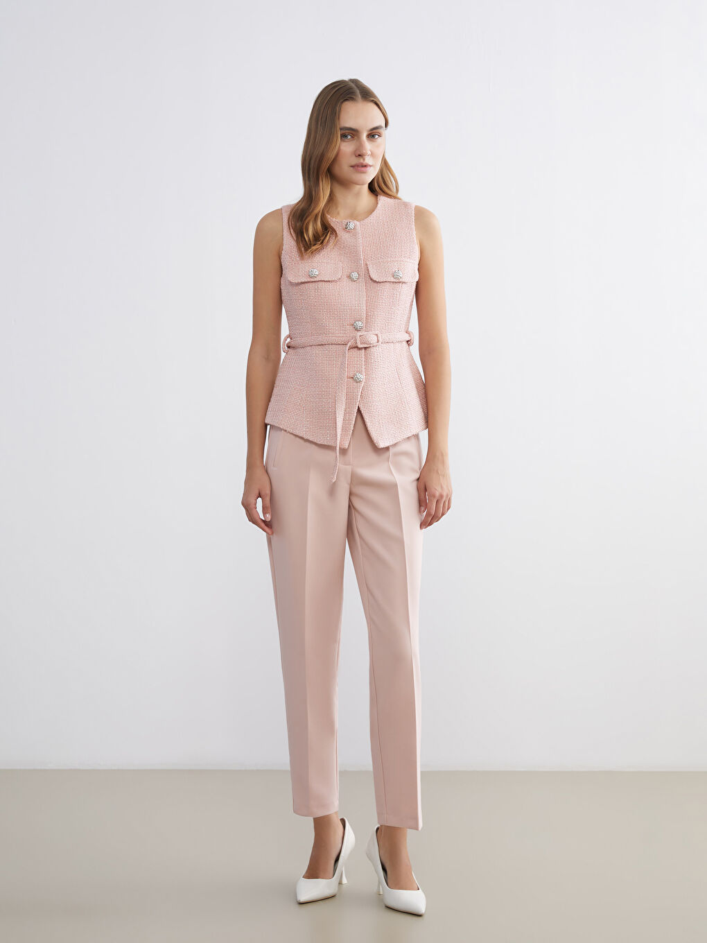 Pembe Bisiklet Yaka Kadın Tüvit Yelek-2