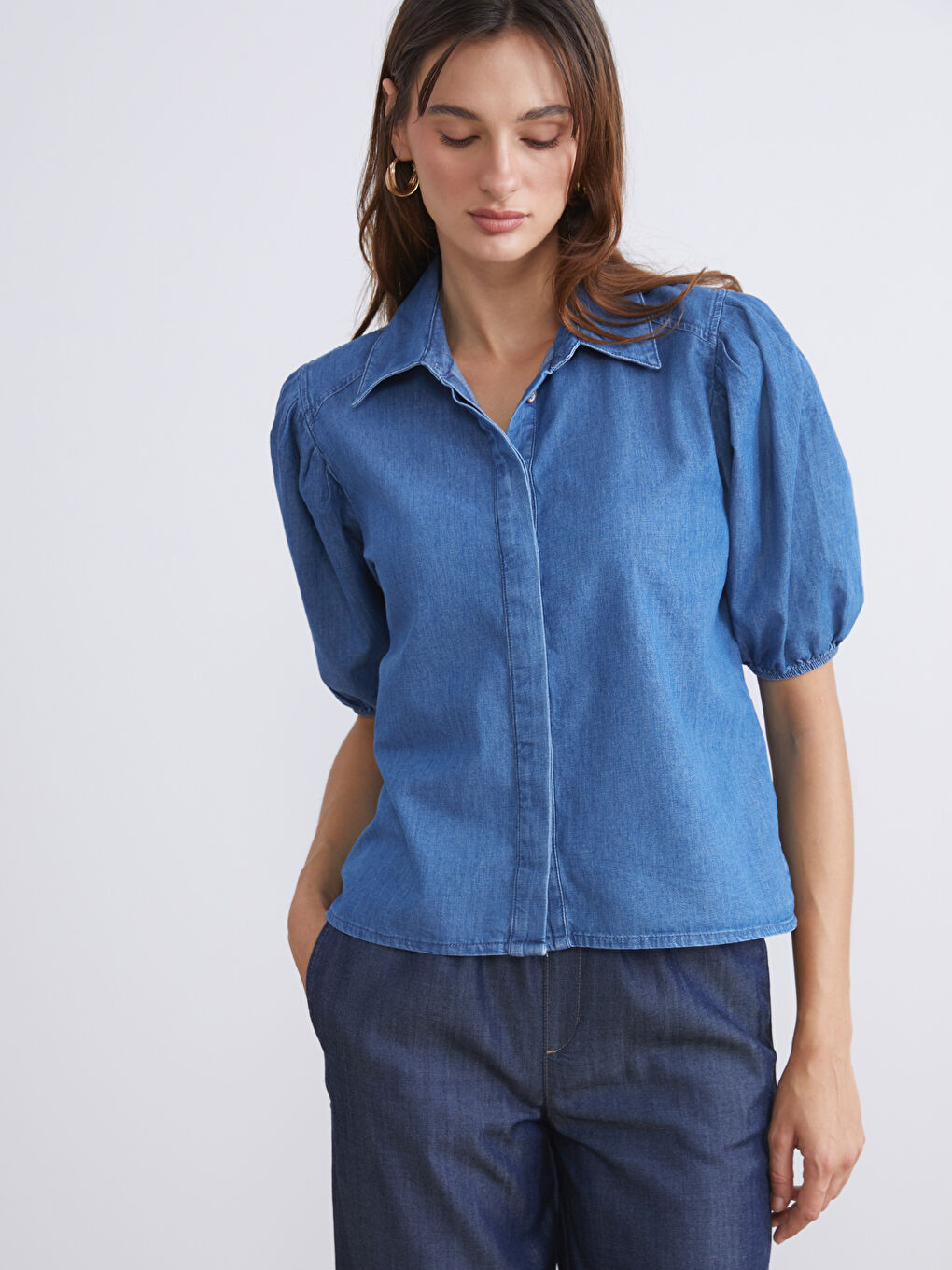 İndigo Balon Kollu Kadın Jean Gömlek