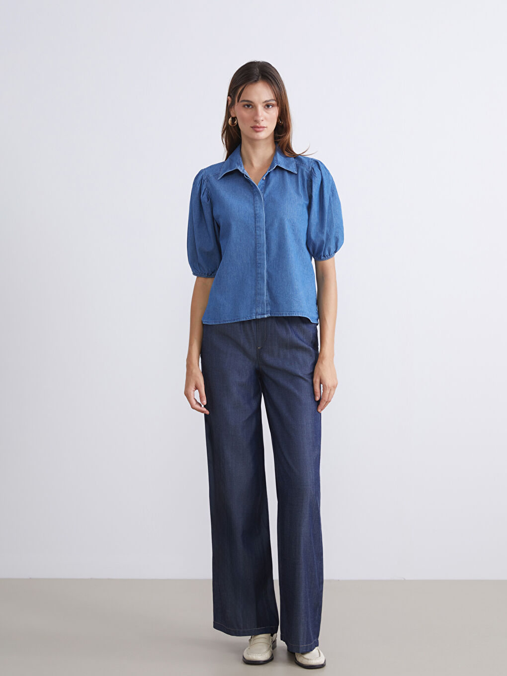 İndigo Balon Kollu Kadın Jean Gömlek-1