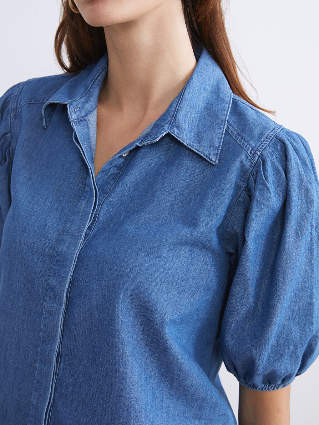 İndigo Balon Kollu Kadın Jean Gömlek-2