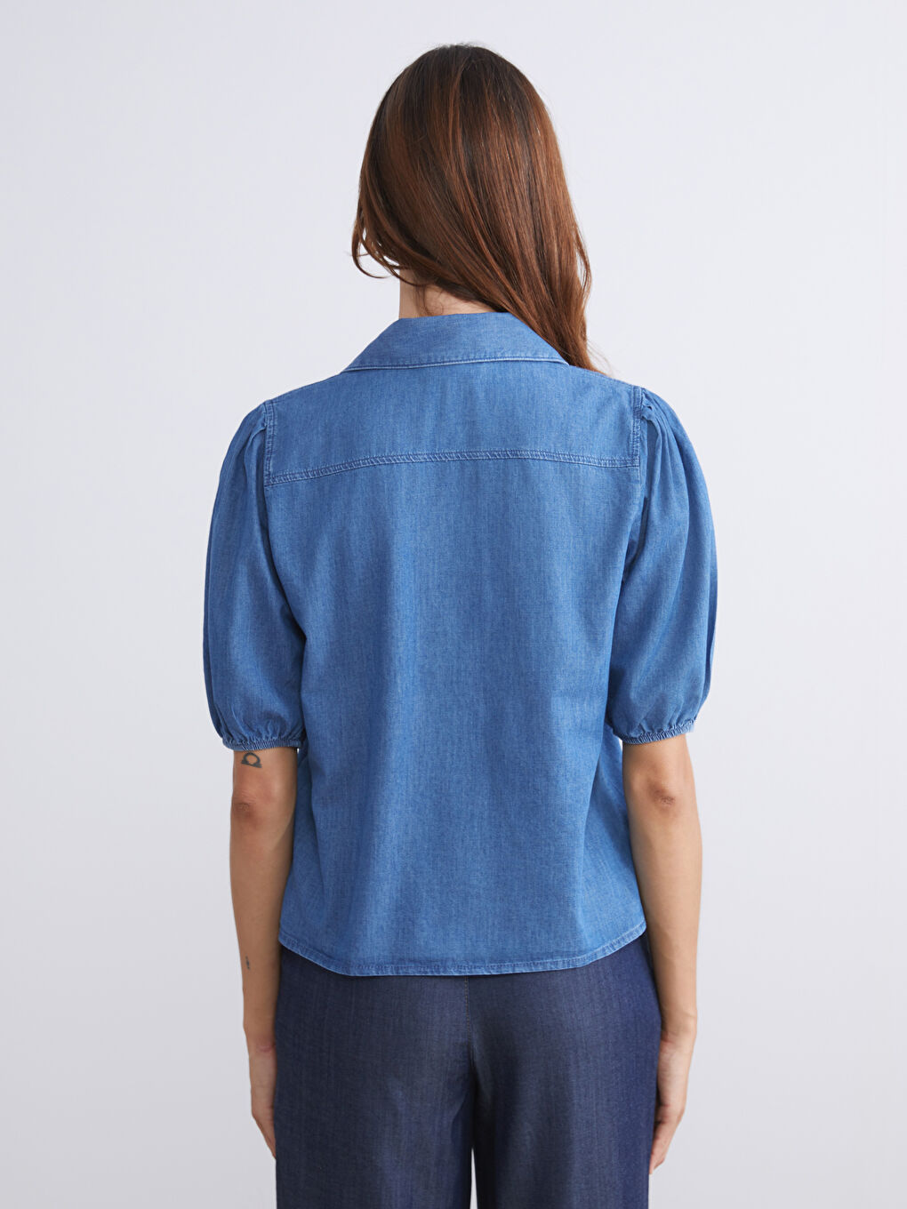 İndigo Balon Kollu Kadın Jean Gömlek-3