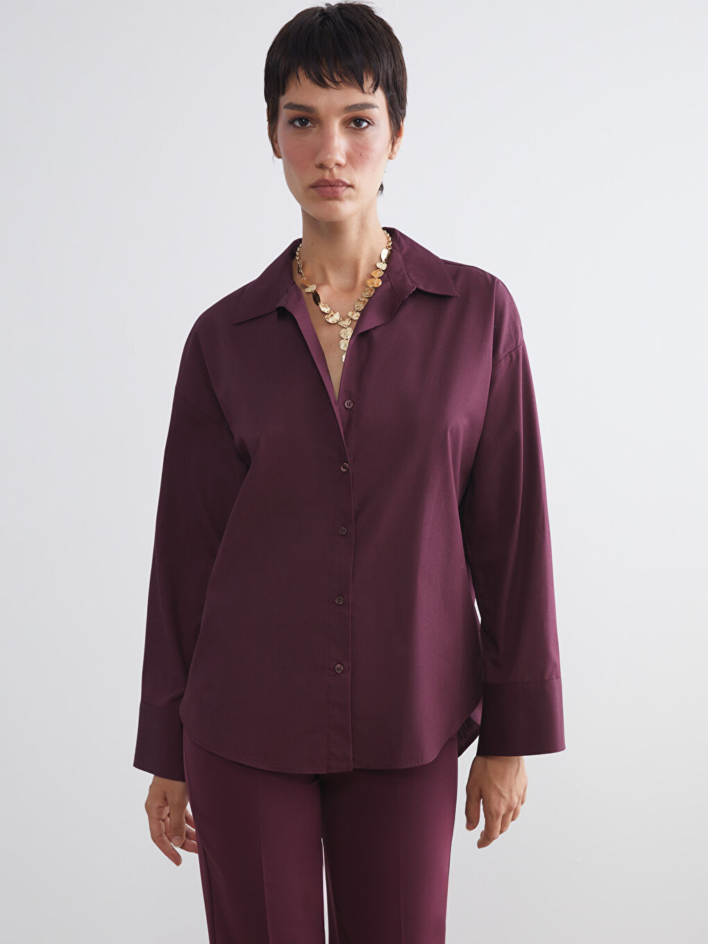 Mürdüm Poplin Kadın Gömlek