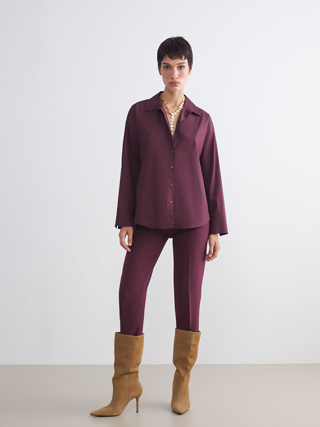 Mürdüm Poplin Kadın Gömlek-3