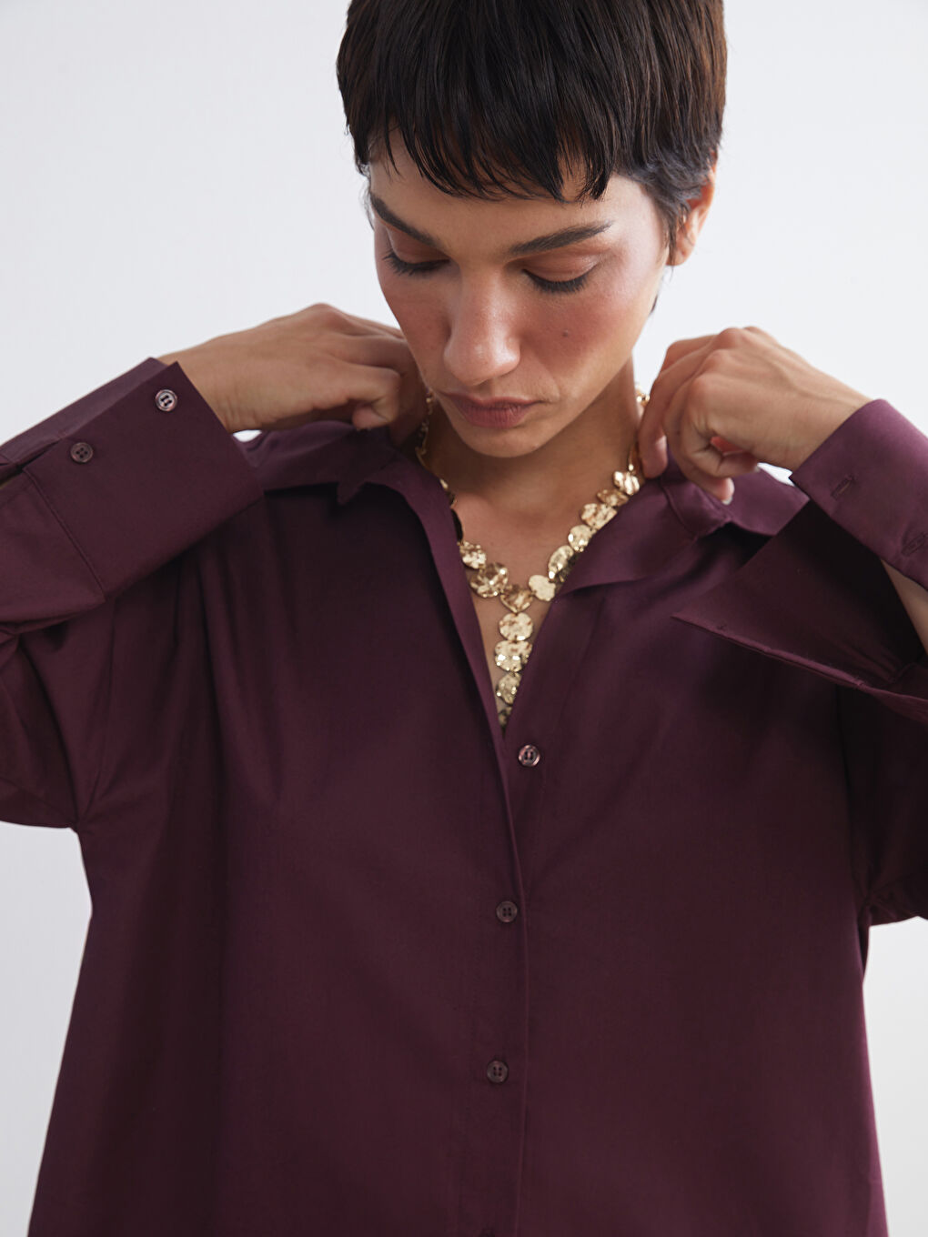 Mürdüm Poplin Kadın Gömlek-5