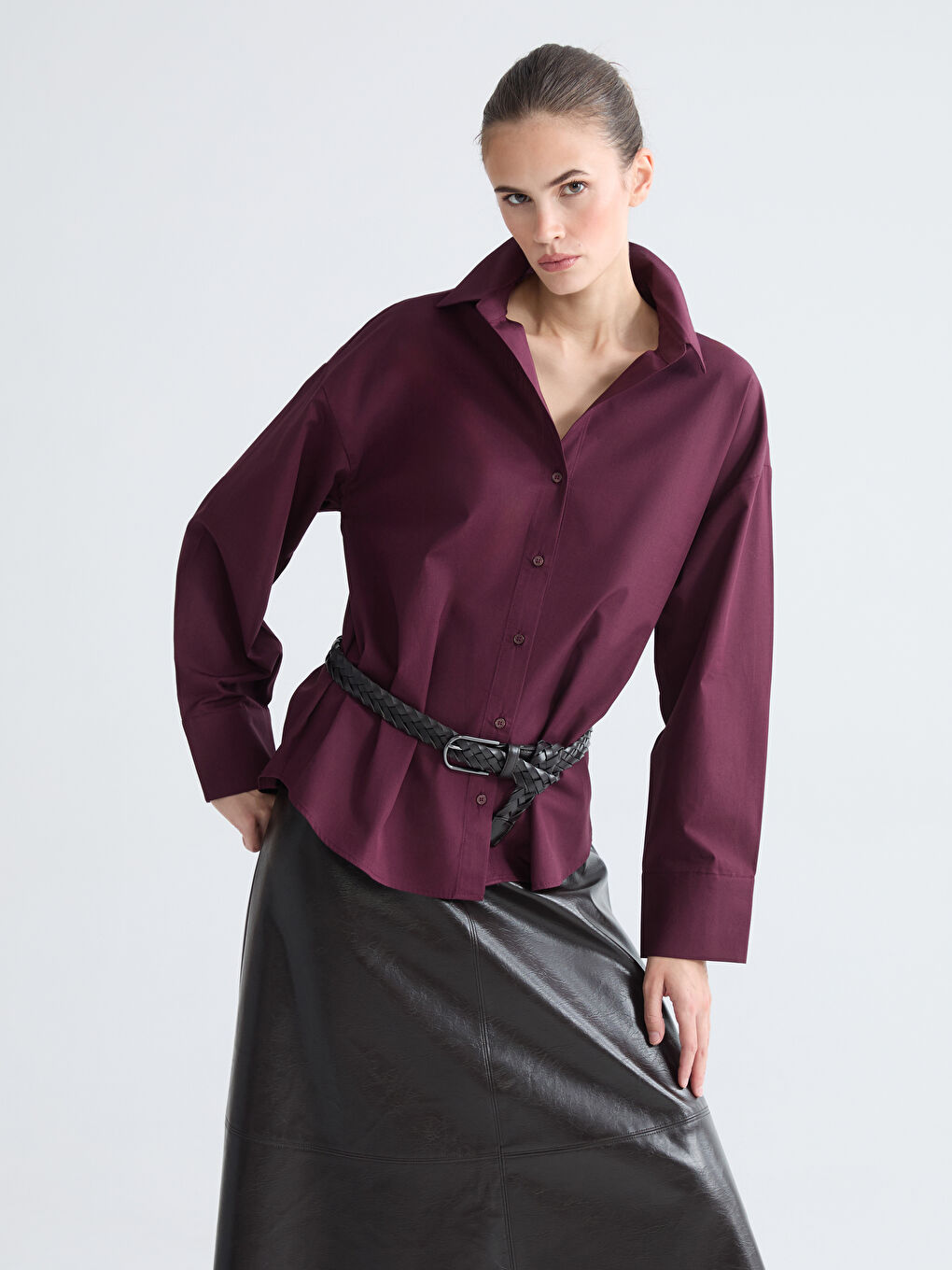 Mürdüm Poplin Kadın Gömlek-1