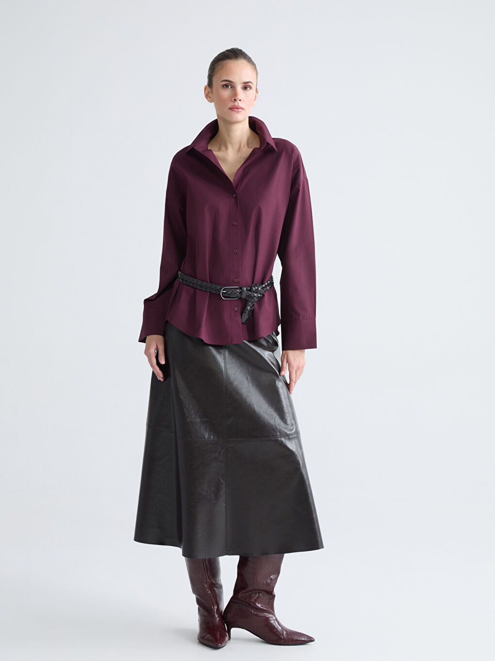 Mürdüm Poplin Kadın Gömlek-2