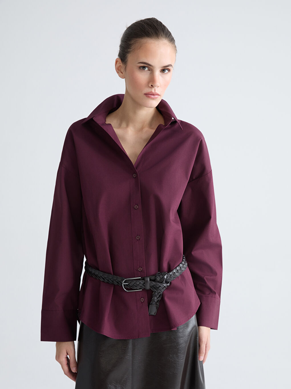 Mürdüm Poplin Kadın Gömlek-6