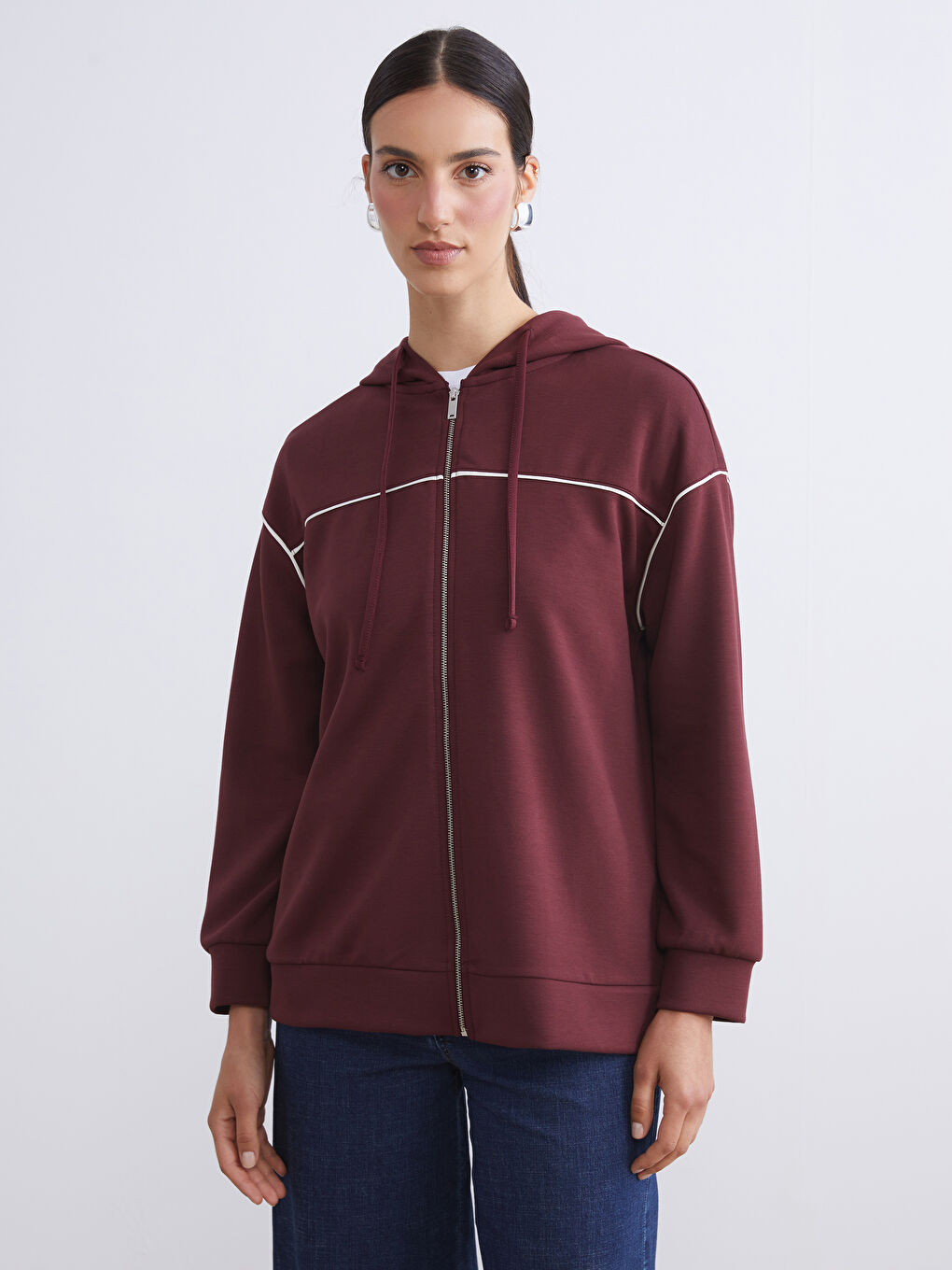 Bordo Kapüşonlu Oversize Kadın Fermuarlı Sweatshirt