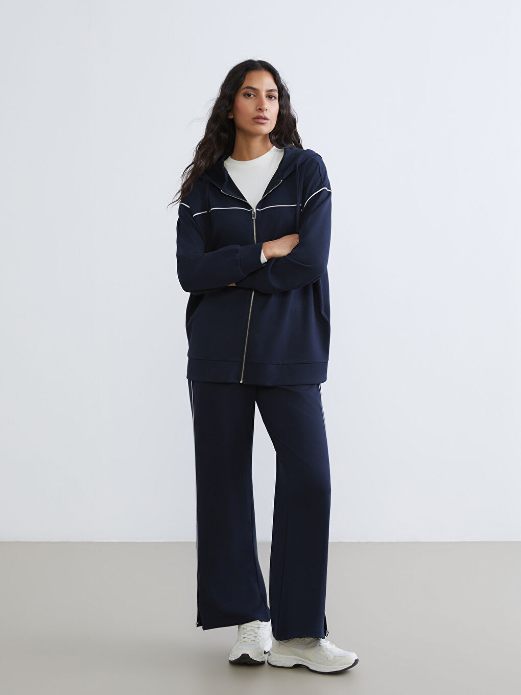 Lacivert Kapüşonlu Oversize Kadın Fermuarlı Sweatshirt-1