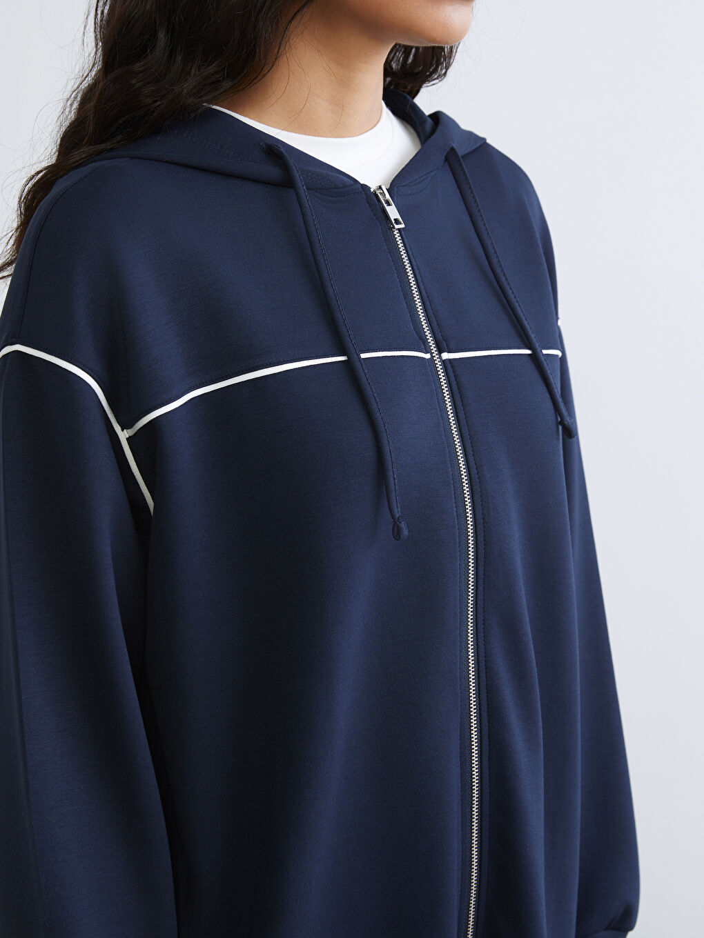 Lacivert Kapüşonlu Oversize Kadın Fermuarlı Sweatshirt-2