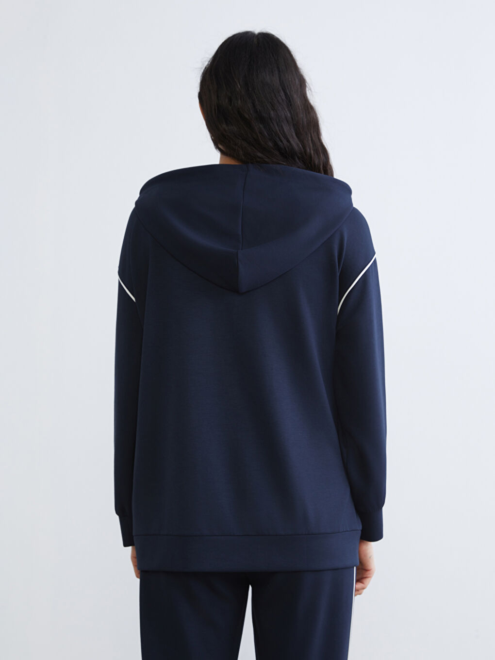 Lacivert Kapüşonlu Oversize Kadın Fermuarlı Sweatshirt-3