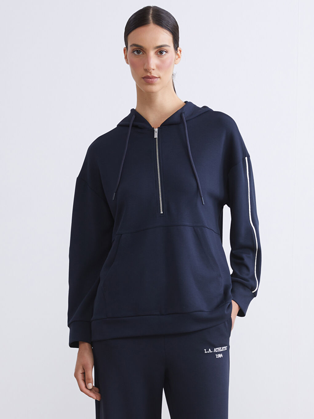 Lacivert Kapüşonlu Kadın Sweatshirt Tunik