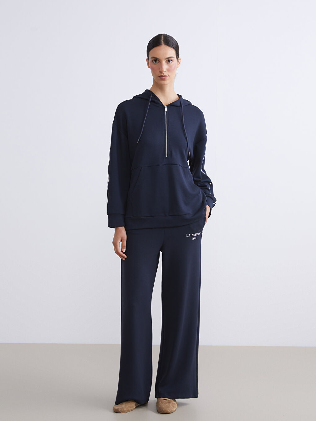 Lacivert Kapüşonlu Kadın Sweatshirt Tunik-1