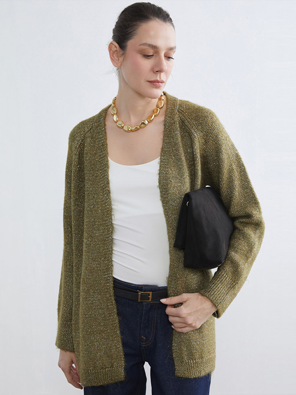 Yeşil Şal Yaka Oversize Kadın Triko Hırka