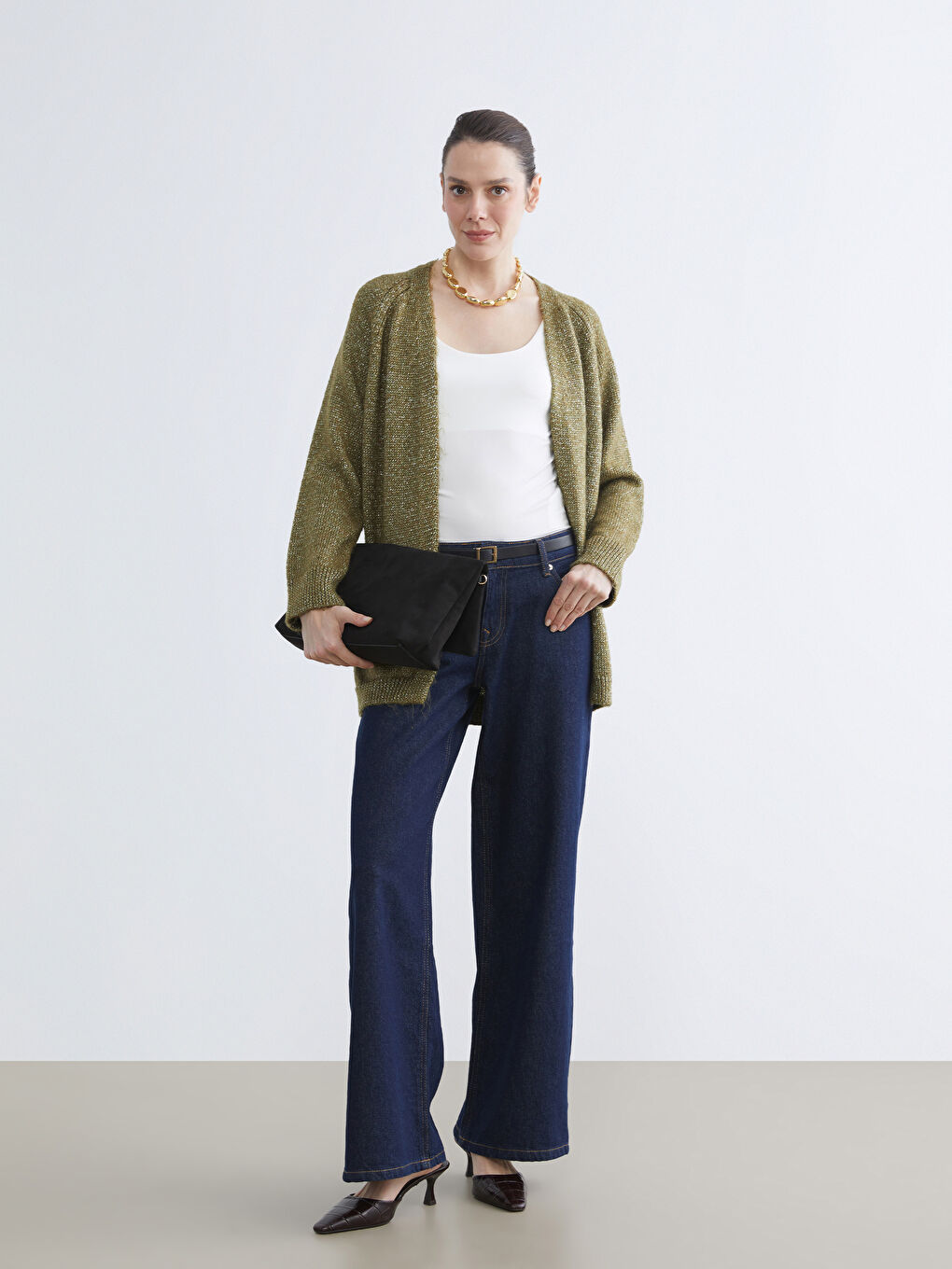 Yeşil Şal Yaka Oversize Kadın Triko Hırka-1